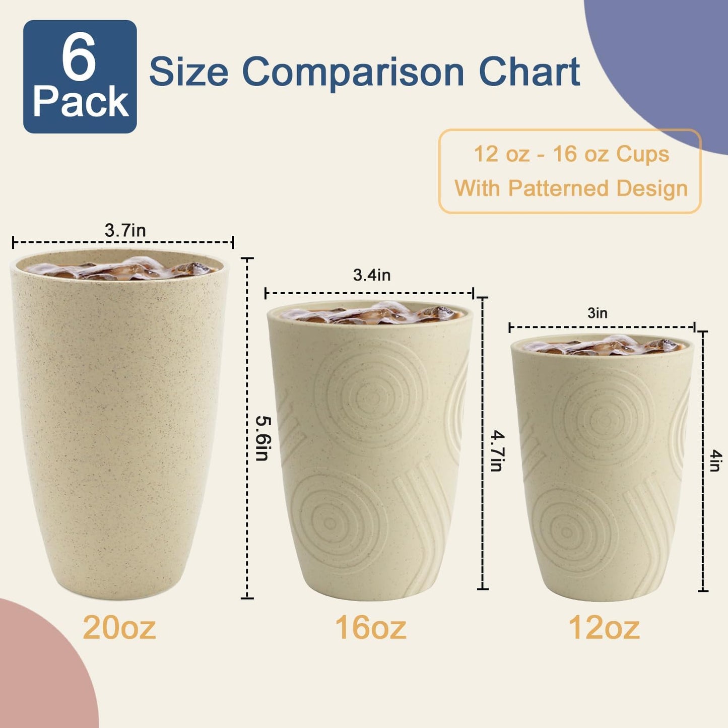 12 oz Wheat Straw Cups Set of 6, Alternatives to Plastic Cups Reusable, Unbreakable Water Cups, Dishwasher Safe Kitchen Cup, Small Water Cups for Kitchen (Beige)