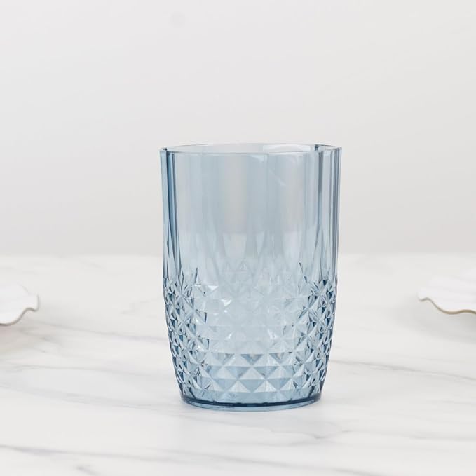 Efavormart 6-Pack Plastic Tumblers, 16oz Unbreakable Drinking Glasses Crystal Cut Style Dusty Blue - Shatterproof Short Cups