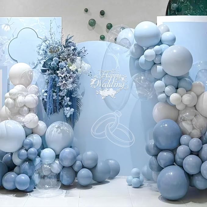 Dusty Blue and White Balloon Garland Arch Kit, 167Pcs Pastel Vintage Smoke Blue Matte White Latex Balloons for Birthday Graduation Baby Shower Gender Reveal Party Decorations