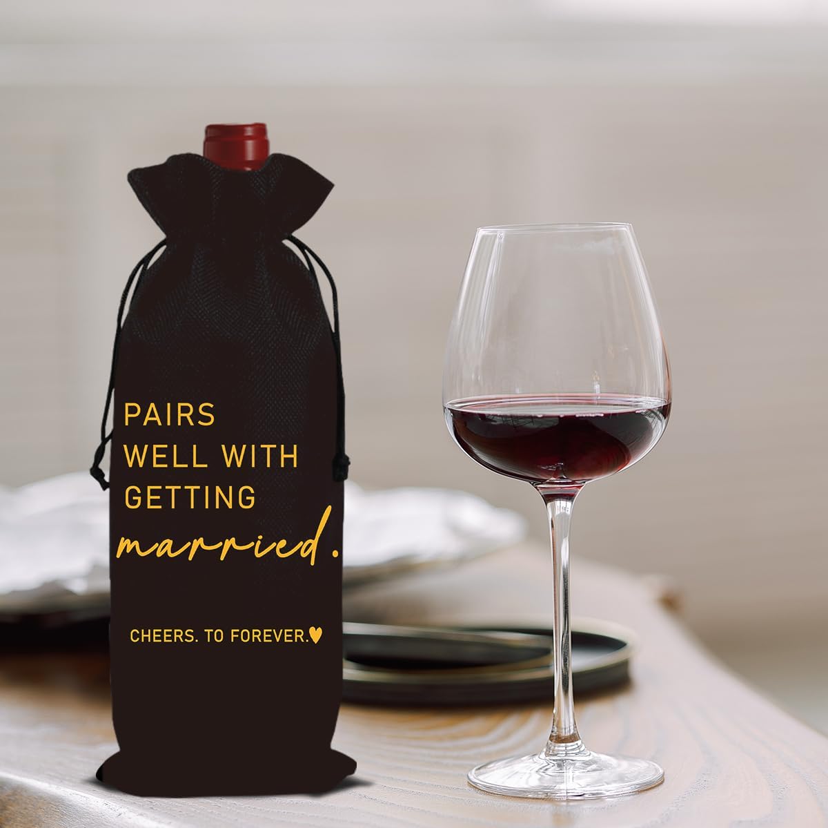 Married Wine Bag Married Gifts for Couples Mr Mrs Marriage Honeymoon Gift Wedding Party Decorations Getting Engaged Wine Bottle Bag Champagne Bottle Wraps Bags (Black)