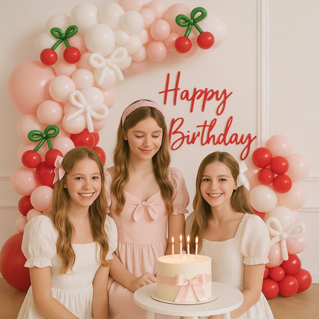 CROSSFINGERS Cherry Red Balloon Garland Arch Kit, Bow Pastel Pink and White Birthday Balloons Garland for Cherry Themed Birthday Baby Shower Wedding Galentine's Bridal Shower Party Decorations