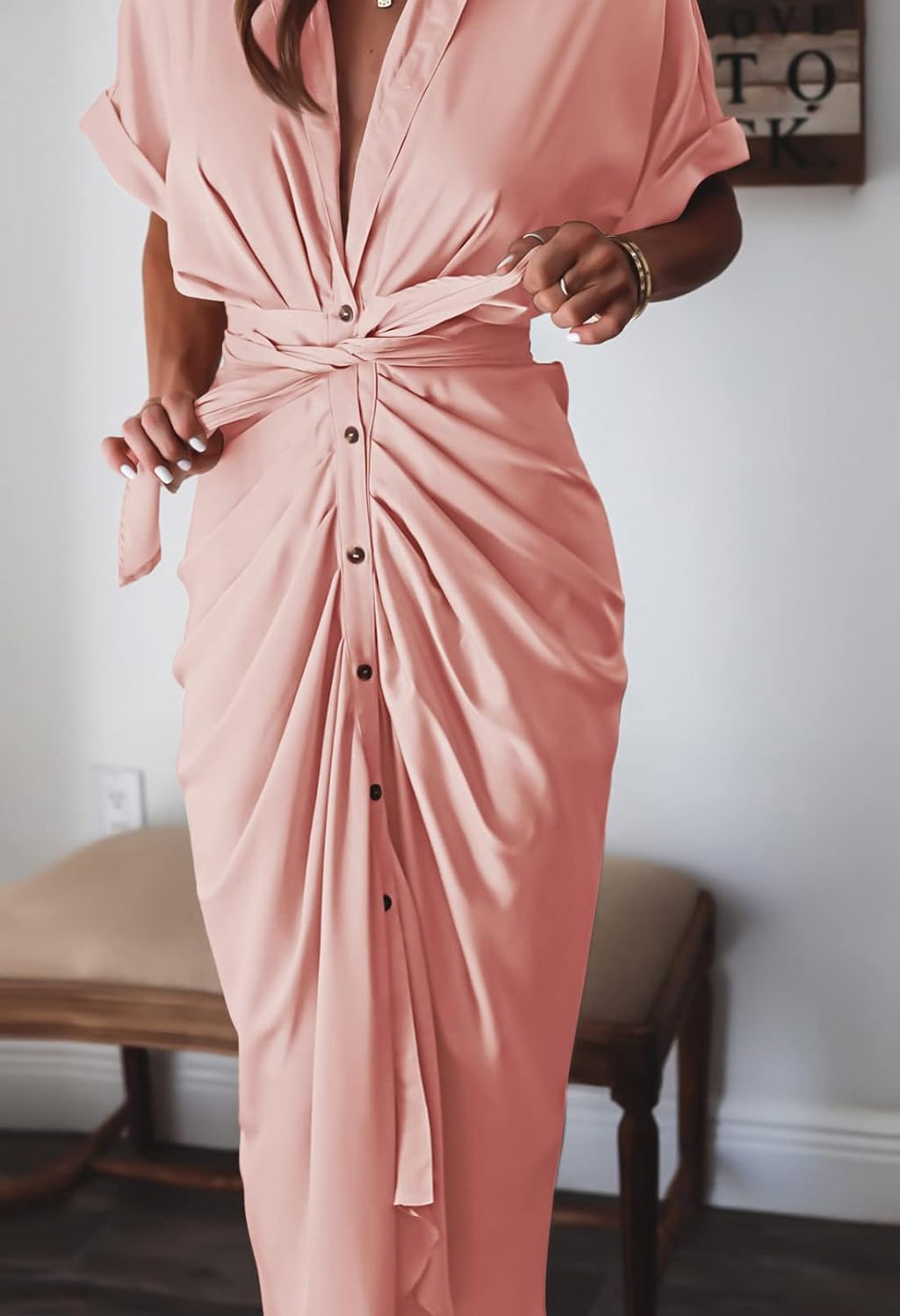 Women Elegant Satin Button Down Short Sleeve Maxi Shirt Dress with Belt