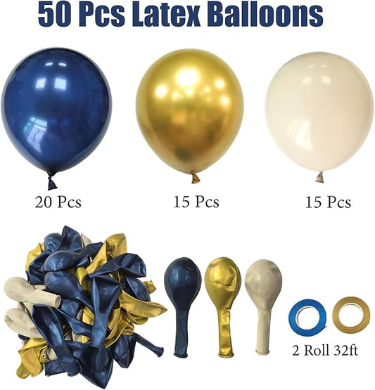 Navy Blue Metallic Gold White Balloons, 50 Pcs 12 Inches Navy Blue and Gold White Sand Latex Balloon for Wedding, Graduation, Birthday Baby Shower, Birthday, Bridal Party Decorations