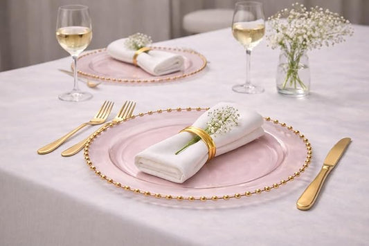 PLASTICPRO Translucent Pink with Gold Rim Plastic Charger Plates with Beaded Edge – Pack of 8 – 13" Elegant Round Disposable Chargers for Weddings, Events, Parties, and Dinners