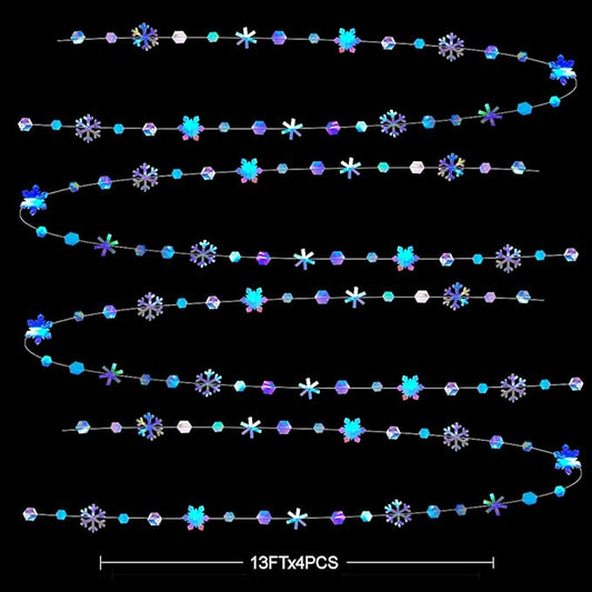 Clearance 52Ft Winter Wonderland Party Decoration Iridescent Snowflake Garland Holographic Paper Snowflake Streamer for Winter Onederland Christmas Frozen Birthday Wedding Bridal Shower Party Supplies