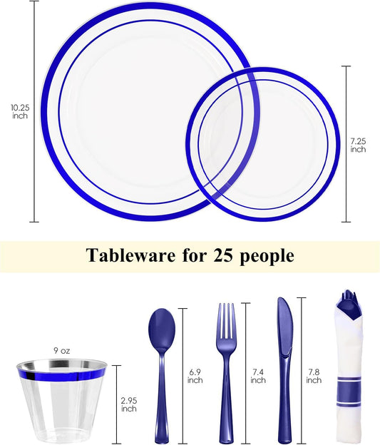 Goodluck 175 Piece Blue Plastic Plates, Clear Plastic Silverware Disposable Plates Set, Include 50Plates, 25Pack Pre Rolled Napkins with Silverware, 25Cups for Party, Wedding, Graduation