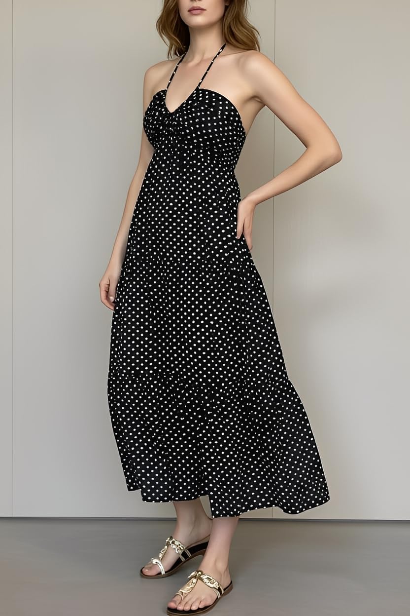 Women's Casual Halter Tiered Vacation Maxi Dress with Pockets