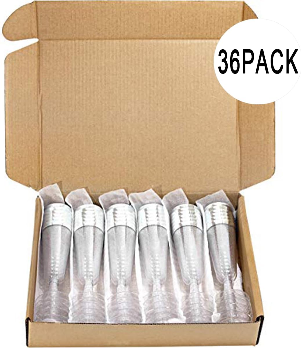 WDF 36Pieces Silver Plastic Champagne Flutes - 6oz Silver Glitter with a silver Rim Champagne Glasses - Premium Silver Plastic Cups Perfect for Party/Wedding