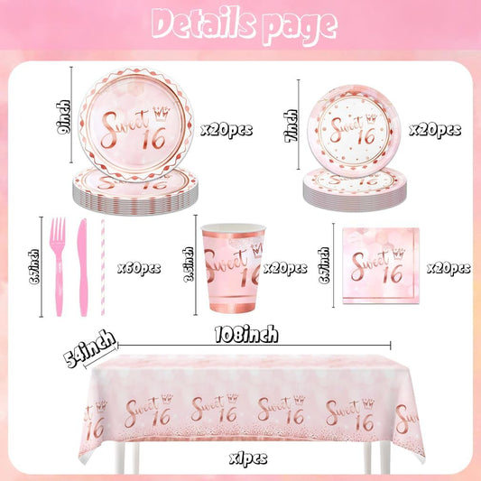 141pcs Sweet 16 Party Decorations,Sweet 16 Party Disposable Tableware set Includes Dinner Plate Dessert Plate Paper Napkin Cup Knife Fork Straws Tablecloth Pink Rose Gold 16 Supplies set