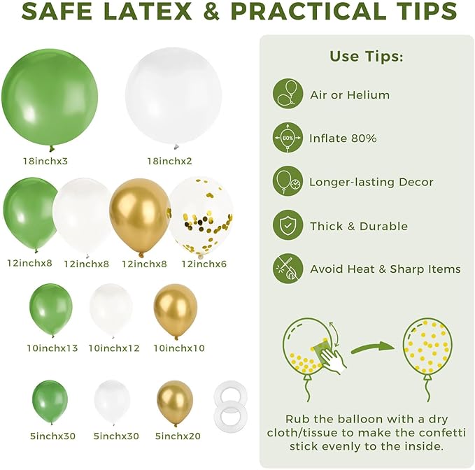 LovesTown Sage Green Balloon Garland Kit, 150PCS Arch Kit Different Sizes Latex Balloons Gold Olive Green Confetti Metallic Balloons for Jungle Woodland Theme Party Decorations