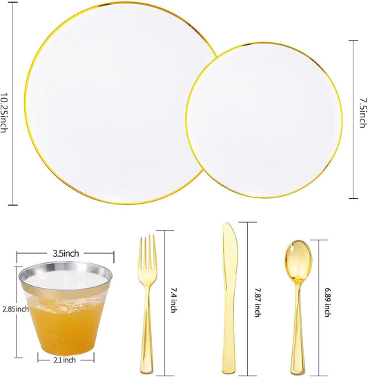 WELLIFE 600PCS White and Gold Plastic Dinnerware Set - Includes 100 Dinner Plates, 100 Dessert Plates, 300 Plastic Cutlery, 100 Cups - Perfect for 100 Guests, Weddings & Parties