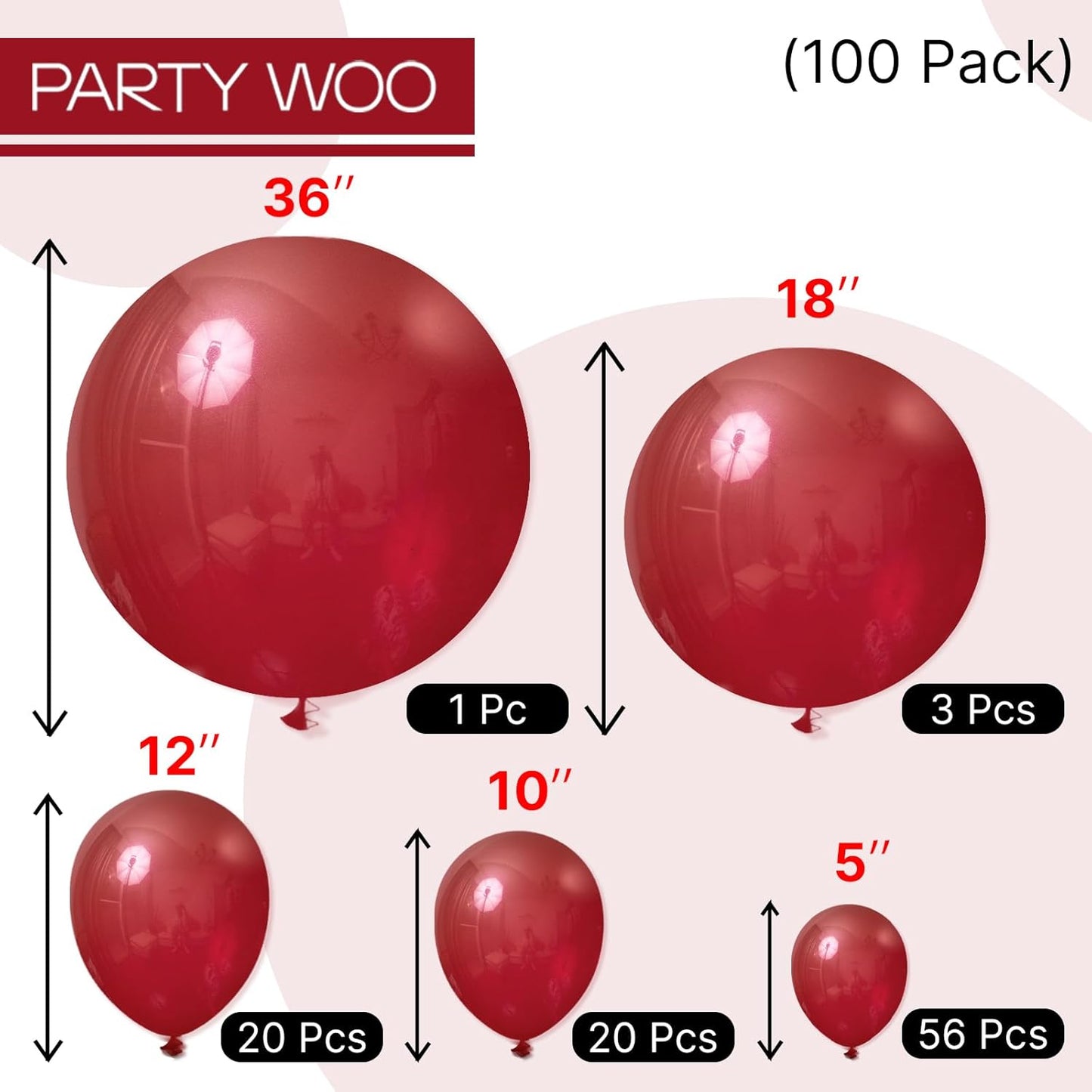 PartyWoo Maroon Balloons 100 pcs Different Sizes of 36 18 12 10 5 Inch Dark Red Burgundy Ruby Red Balloon Arch Kit Garland for Graduation Valentine's Day Wedding Anniversary Party Decorations Red-Y75