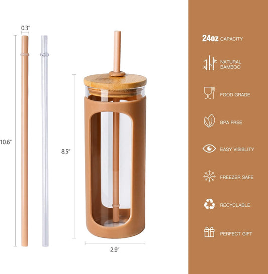 Kodrine 20oz Glass Tumbler with Straw and Lid, Iced Coffee Cups with Bamboo Lids, Glass Cups for Cold Drinks, Smoothie Cup with Silicone Sleeve for Travel, Work, BPA FREE-Mocha Mousse