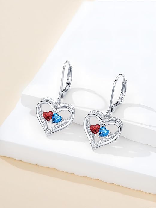 Valentines Day Gifts for Women, Heart Leverback Earrings Double Birthstone Dangle Earrings for Women, Love Jewelry for Her, Anniversary Birthday Gift for Mom Wife Girlfriend