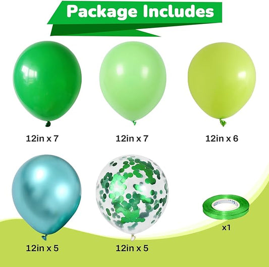 Green Balloons Different Shades Dark Emerald Hunter Forest Lime Metallic Green Latex Balloon Confetti Balloon for Patrick's Day Jungle Safari Birthday Baby Shower Themed Graduation Party Decor