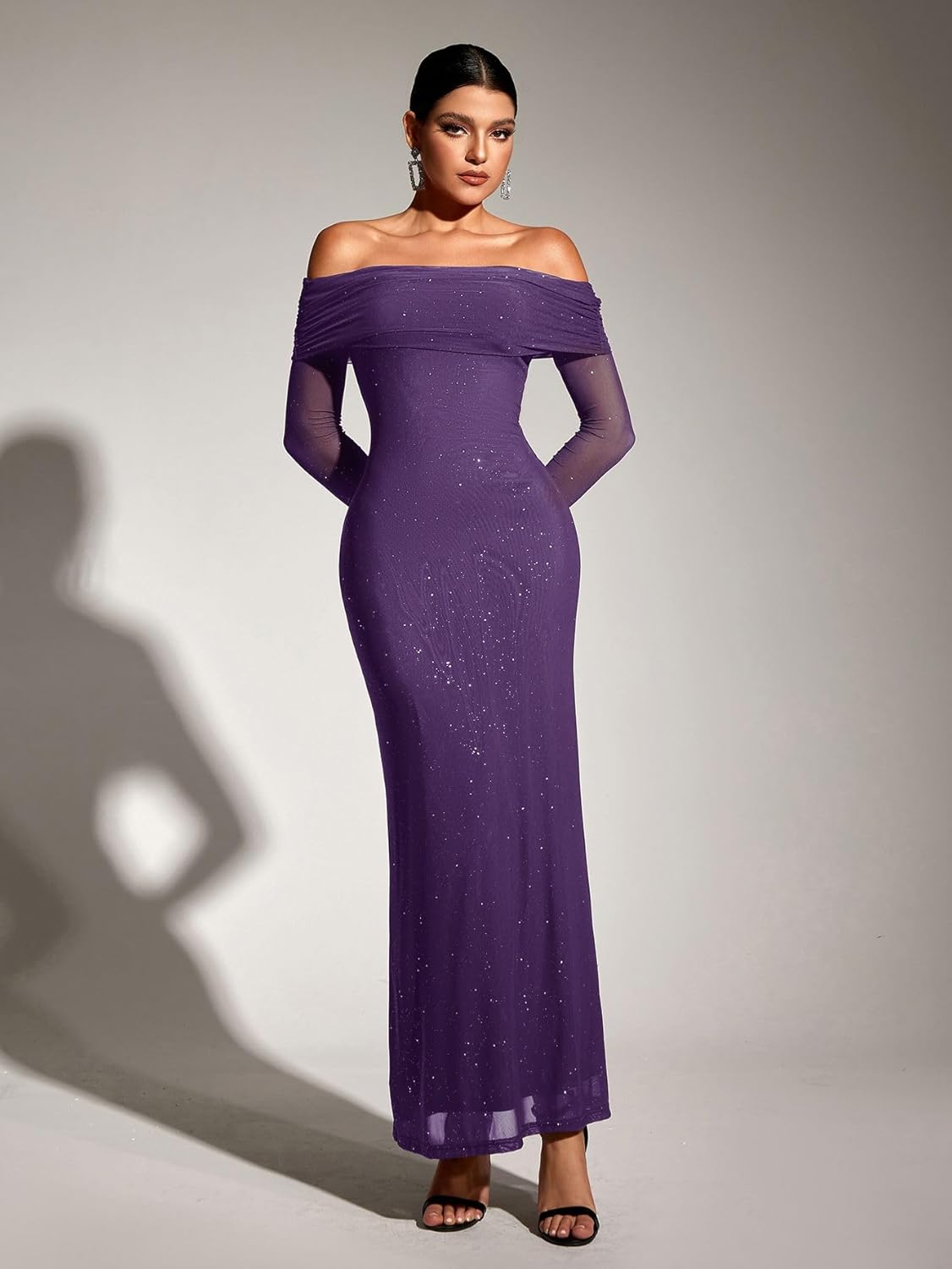 KUTUMAI Women Off Shoulder Bodycon Maxi Dress Long Sleeve Mesh Ruched Party Formal Wedding Guest Dresses