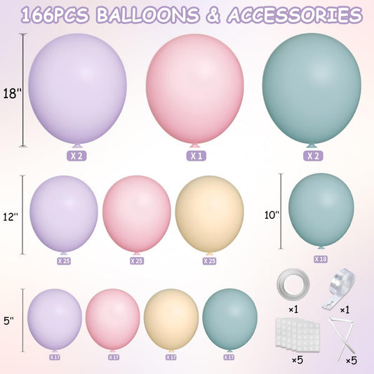Pink Purple Blue Pastel Balloon Arch Kit, 166Pcs Dusty Blue Macaron Purple Pastel Pink Nude Balloons Garland for Birthday Wedding Baby Shower Party Decorations