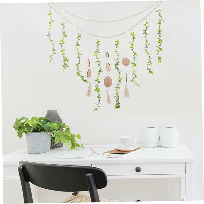 PRETYZOOM Macrame Hanging Photo Display Wooden Beads Elegant Wall Decor for Living Room Farmhouse Beaded Garland for Photos Easy to Install Eucalyptus Leaf Design Boho Aesthetic Home