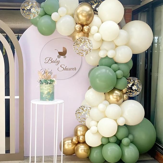Sage Green White Gold Balloon Garland Arch Kit, 167Pcs Latex Balloons Different Sizes 15 12 10 5 inch for Baby Shower Gender Reveal Birthday Engagement Party Decorations