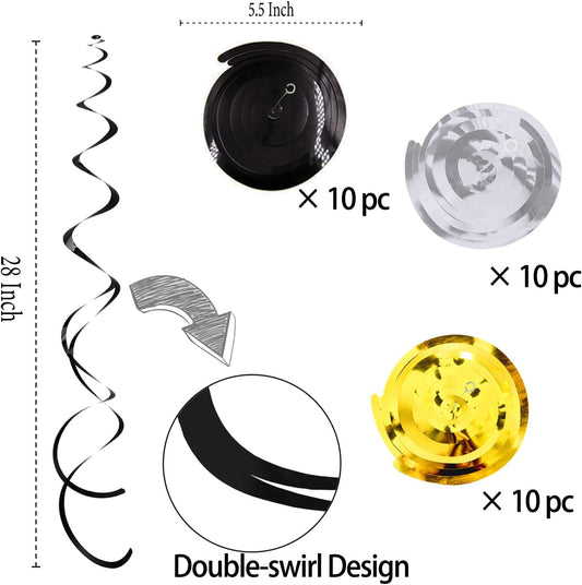 30Pc Gold Silver and Black Party Party Swirl Decorations Foil Swirl Hanging Decoration Plastic Streamer for Ceiling 22 in