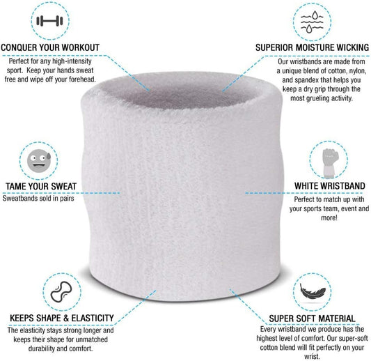Suddora Wrist Sweatbands, Absorbent and Breathable Thick Cotton Bands for Working Out, Gymnastics, Basketball, Tennis, and Football, Multiuse Wristbands for Costumes and Cosplay