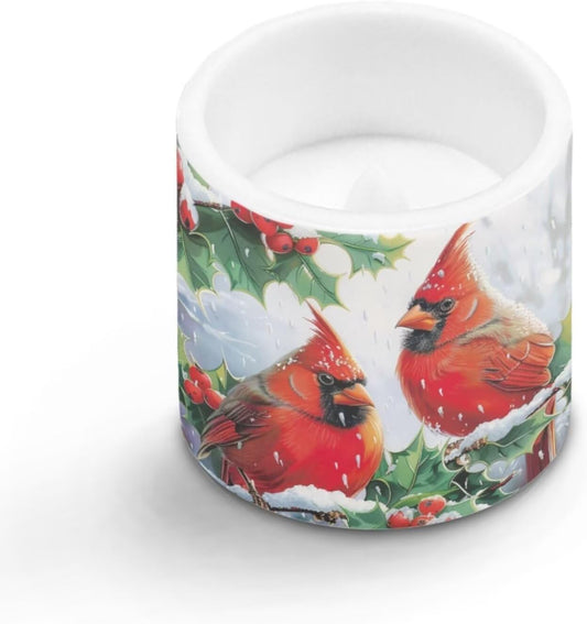 Poceacles Flameless LED Candles 4 Pack with Remote Control, Battery-Powered, Flickering Effect, with 12 Color Changing, Realistic LED Pillar Candles for Christmas, Red Cardinal Bird Holly Print