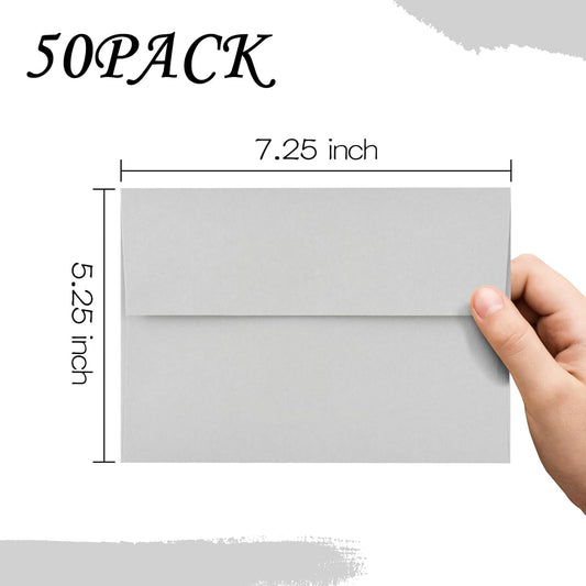 AZAZA 50 Pack 5x7 Envelopes - A7 (5.25x7.25in), Gray, Self-Seal, Perfect for Invitations, Weddings, Baby Showers
