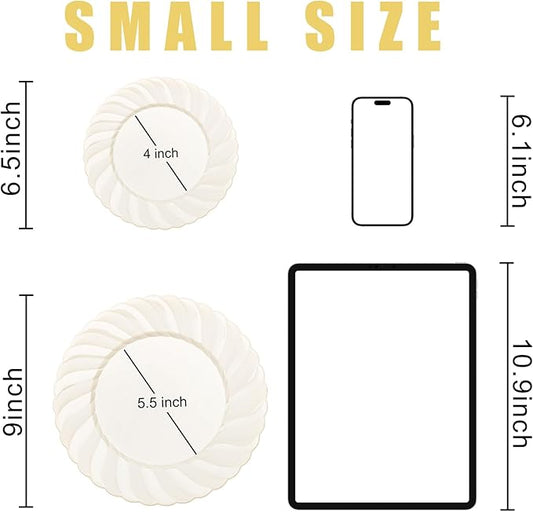 U-QE 100 Piece Ivory Scalloped Plastic Plates for Party - Plastic Plates Disposable Heavy Duty - High End Disposable Plates for Wedding Including 50PCS 9 '' Dinner Plates & 50PCS 6.5 '' Dessert Plates