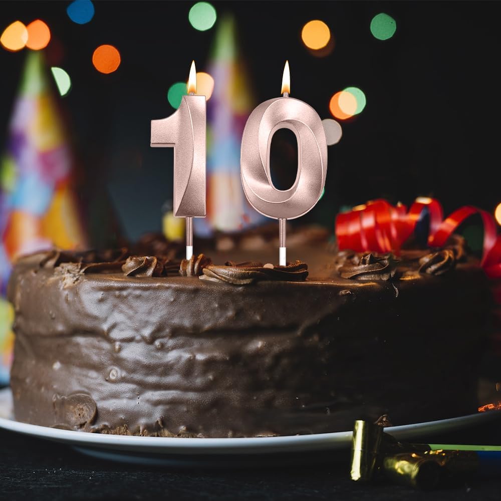 10th Birthday Candles Number 10 Candle Numeral Candles Happy Birthday Cake Candles Topper Decoration 3D Number Candles Cupcake Topper for Birthday Wedding Anniversary Celebration Supplies Rose Gold