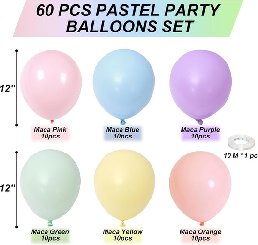 60 PCS Pastel Balloons, 12 Inch Macaron Latex Balloon Pastel Multicolor Party Balloons Assorted Color Rainbow Helium Balloon for Girl Birthday Wedding Anniversary Baby Shower Party Decorations