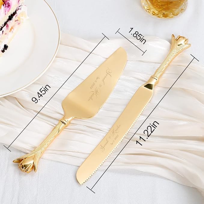 TUKDAK Cake Cutting Set for Wedding, Personalized Gold Cake Knife and Server Set, Custom Cake Serving Set, Engraved Pastry Pie Server Cake Pizza Cutter, Birthday Bridal Gift (CUS-Romance)