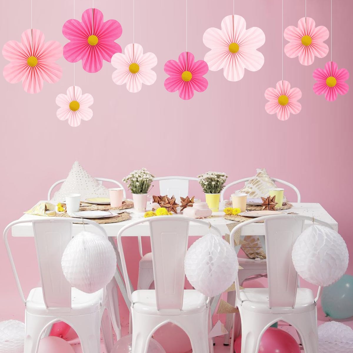 Pink Party Decorations Paper Flowers Decorations for Wall Classroom Paper Fans Floral Backdrop Flower Wall Decor Pack of 9 Pink