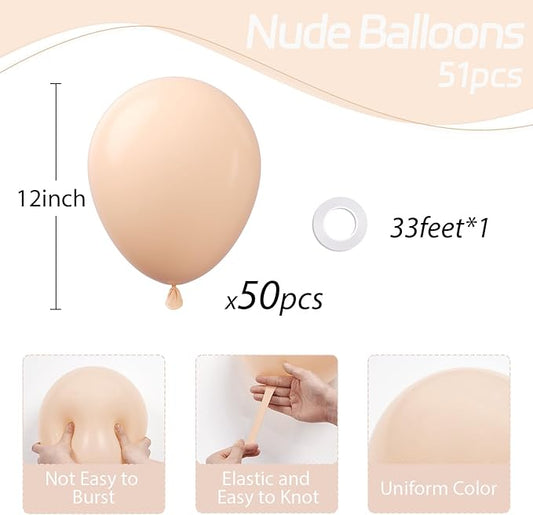 Nude Balloons 12 inch, Beige Latex Balloons 50pcs Party Balloons for Netural Baby Shower Gender Reveal Birthday Party Decorations