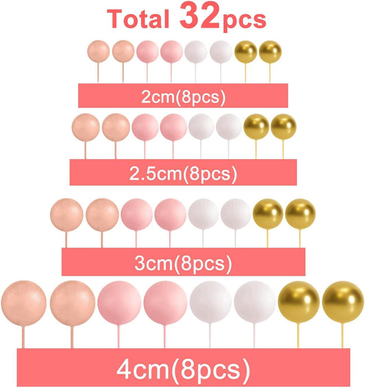 ASTARON 32 Pcs Ball Cake Topper Decorations Mini Balloons Cake Topper Sticks Foam Balls Cake Picks Cake Topper Balls Cake Decorations for Wedding Party Birthday Cake Decorations (Rose gold,Pink)