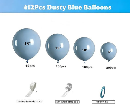 412pcs Dusty Blue Balloons Different Sizes 18 12 10 5 Inch, Slate Blue Boho Neutral Balloon Arch Kit for Engagement Baby Shower Birthday Wedding Party Decorations
