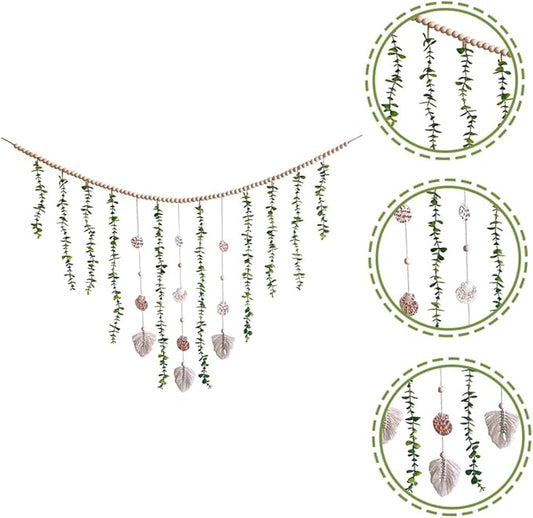 Generic Artificial Eucalyptus Wooden Bead Garland Hanging Vine Wall Decor with Pastoral Style Leaves and Sturdy Beads for Wedding Bedroom Home Decoration
