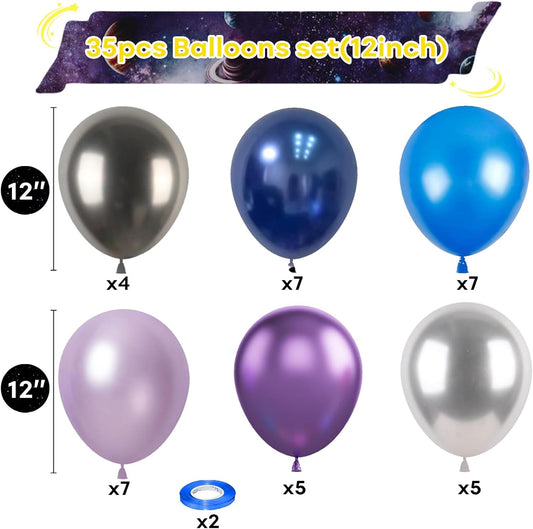 Togvu Outer Space Balloons, 12 Inches Galaxy Blue Purple Balloons with Metallic Black Silver Balloons, Outer Space Party Decorations for Kids Boys Astronaut Space Birthday Party Decoration