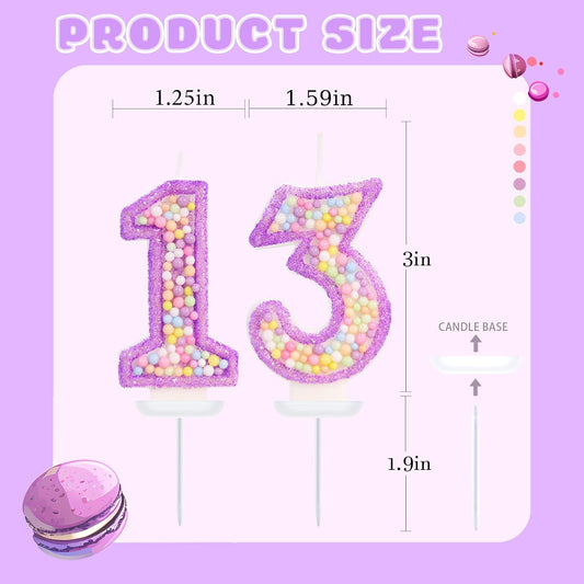 Purple Birthday Candles - Number 13 Candle, Colorful Macaron Candles, 13 Birthday Decorations for Girls, Purple Cake Decorations, Theme Party Supplies