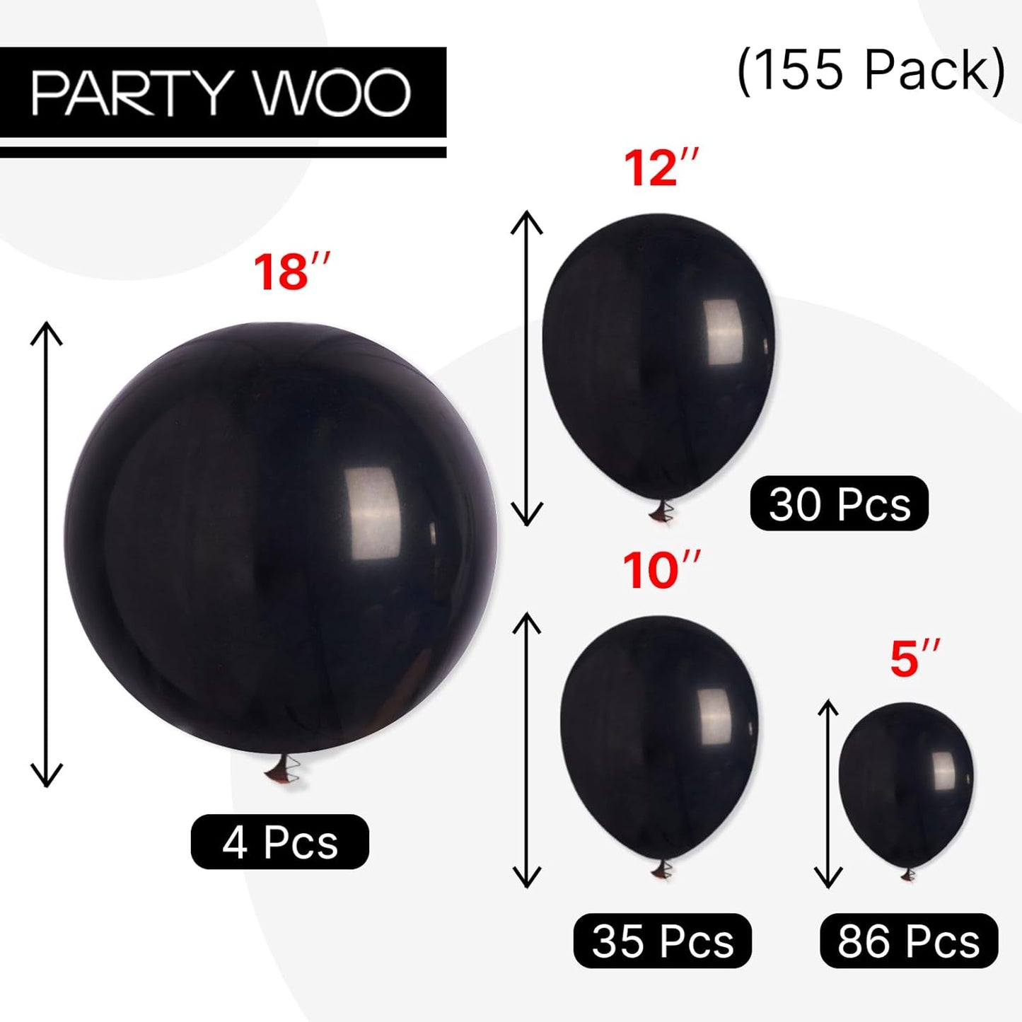 PartyWoo Black Balloons 155 pcs Different Sizes Pack of 18 12 10 5 Inch Matte Black Latex Balloon Arch Kit Garland for Graduation Halloween New Year Anniversary Birthday Party Decorations Black-Y18