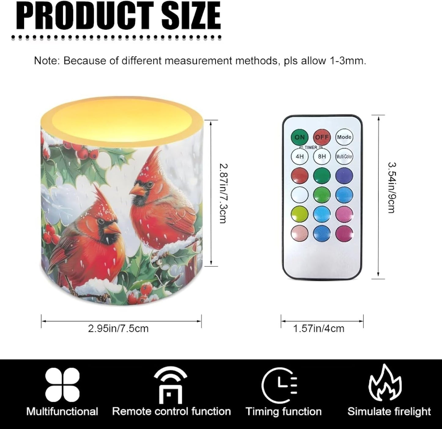 Poceacles Flameless LED Candles 4 Pack with Remote Control, Battery-Powered, Flickering Effect, with 12 Color Changing, Realistic LED Pillar Candles for Christmas, Red Cardinal Bird Holly Print