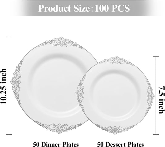 100 PCS White and Silver Disposable Plastic Plates for 50 Guests - 50 Dinner Plates, 50 Dessert Plates for Party, Wedding, and Graduation