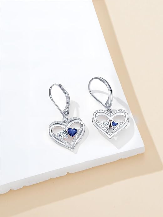Valentines Day Gifts for Women, Heart Leverback Earrings Double Birthstone Dangle Earrings for Women, Love Jewelry for Her, Anniversary Birthday Gift for Mom Wife Girlfriend