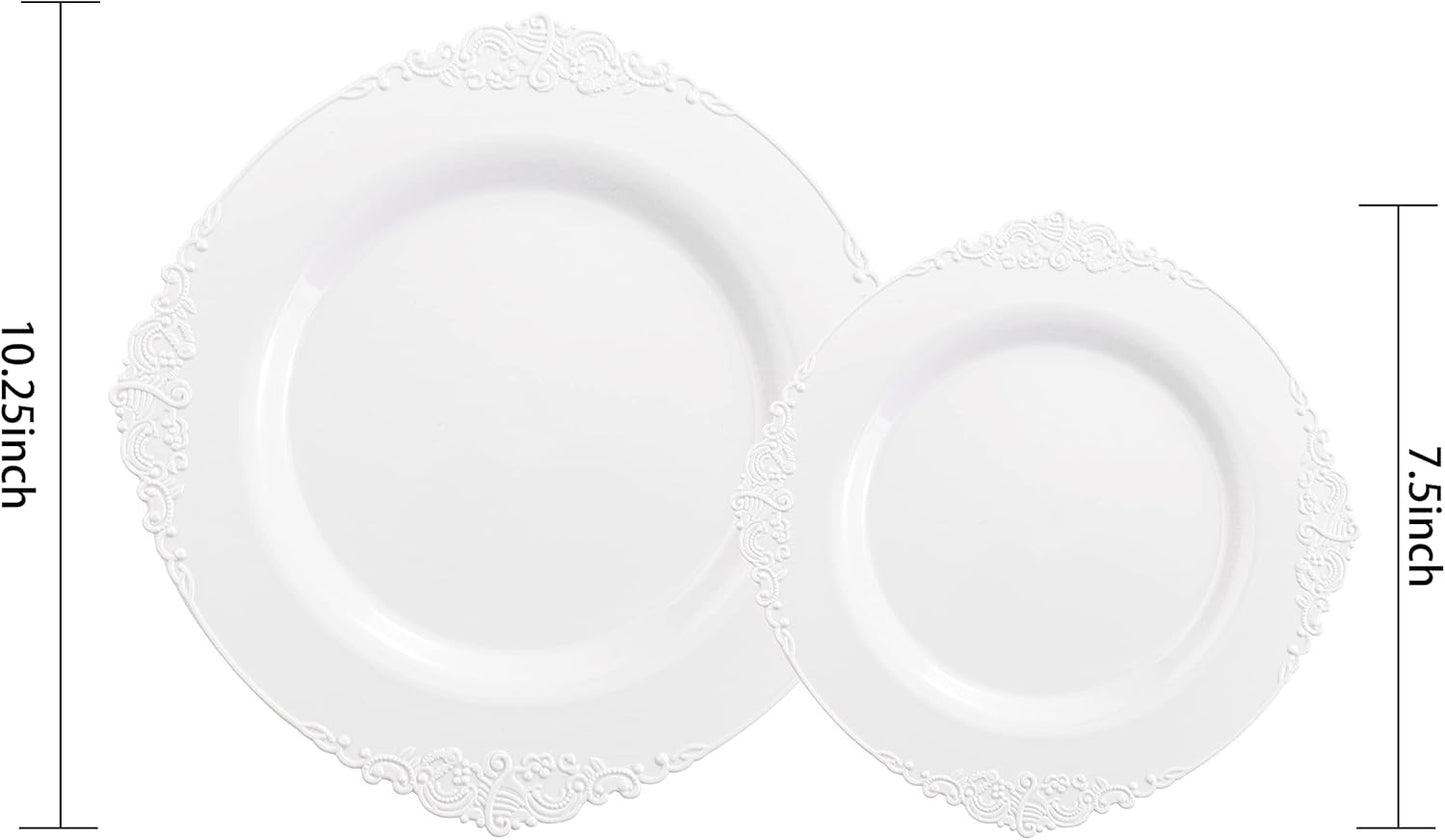 Morejoy 100PCS White Plastic Plates,White Disposable Plates,Include 50 Pieces 10.25 Inch Dinner Plates & 50Pieces 7.5 Inch Dessert Plates,Perfect for Weddings & Party