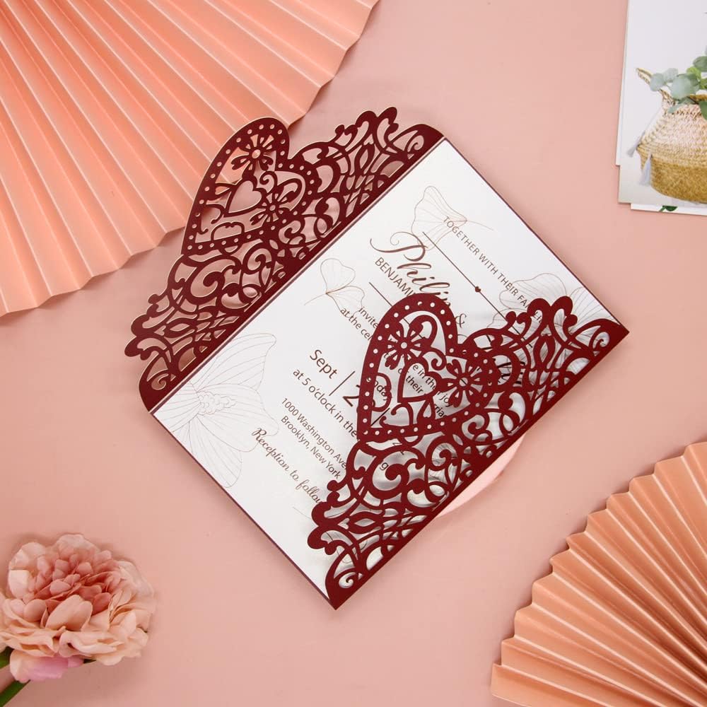 FOMTOR Wedding Invitations Cards Laser Cut Kits 50 Packs Laser Cut Wedding Invitations with Blank Printable Cards and Envelopes for Wedding Birthday Partie Baby Shower (Wine Red)