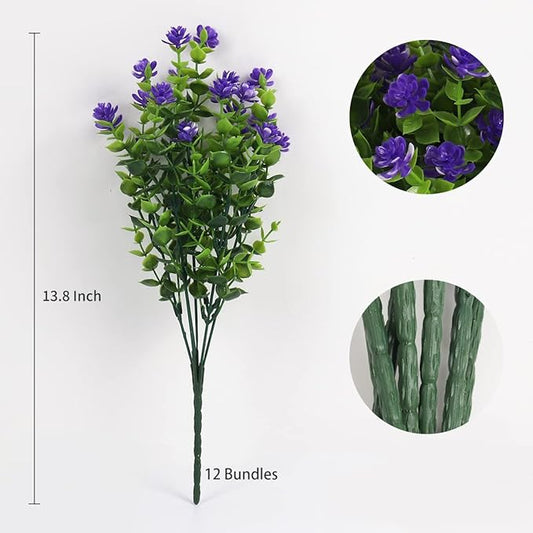12 Bundles Artificial Flowers Faux Outdoor Plastic Plants UV Resistant Shrubs,Artificial Plants Spring Decorations for Patio Outdoor Fake Plants Spring Decorations for Home Front Porch Decor(Purple)
