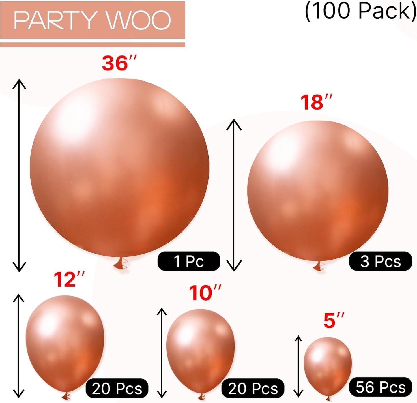PartyWoo Metallic Rose Gold Balloons 100 pcs Different Sizes Pack of 36 18 12 10 5 Inch Chrome Rose Gold Balloon Arch Kit Garland for Wedding Engagement Birthday Party Decorations Rose Gold-G107