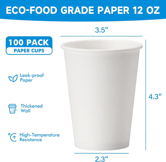 RACETOP Disposable Paper Coffee Cups, Paper Cups, Disposable Coffee Cups for Beverage or Coffee 12 oz 100 pack