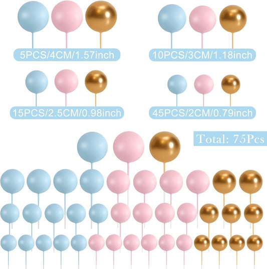 75 Pcs Cake Balls Topper Decorations Foam Cupcake Topper Mini Balloon Cake Topper Balls Cake Picks for Cake Deco Birthday Party Wedding(Blue,Pink,Gold)