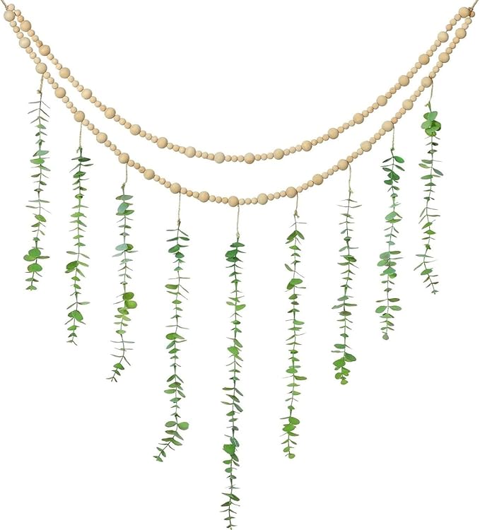 Hanging Eucalyptus Boho Wall Decor Large Boho Bedroom Wall Hanging Wooden Bead Garland Artificial Eucalyptus Natural Greenery Decoration, 36 x 36 Inch