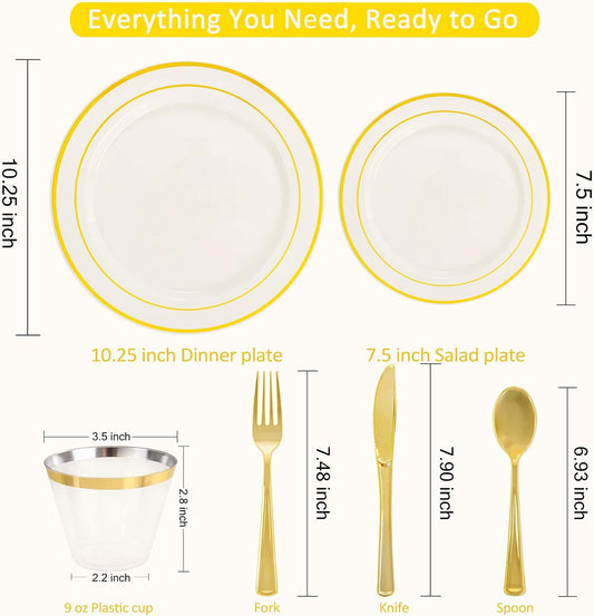 WELLIFE 350PCS Ivory Plastic Plates for 50 Guests -Thanksgiving Plates,Thanksgiving Decorations,Disposable Plate for Party and Wedding